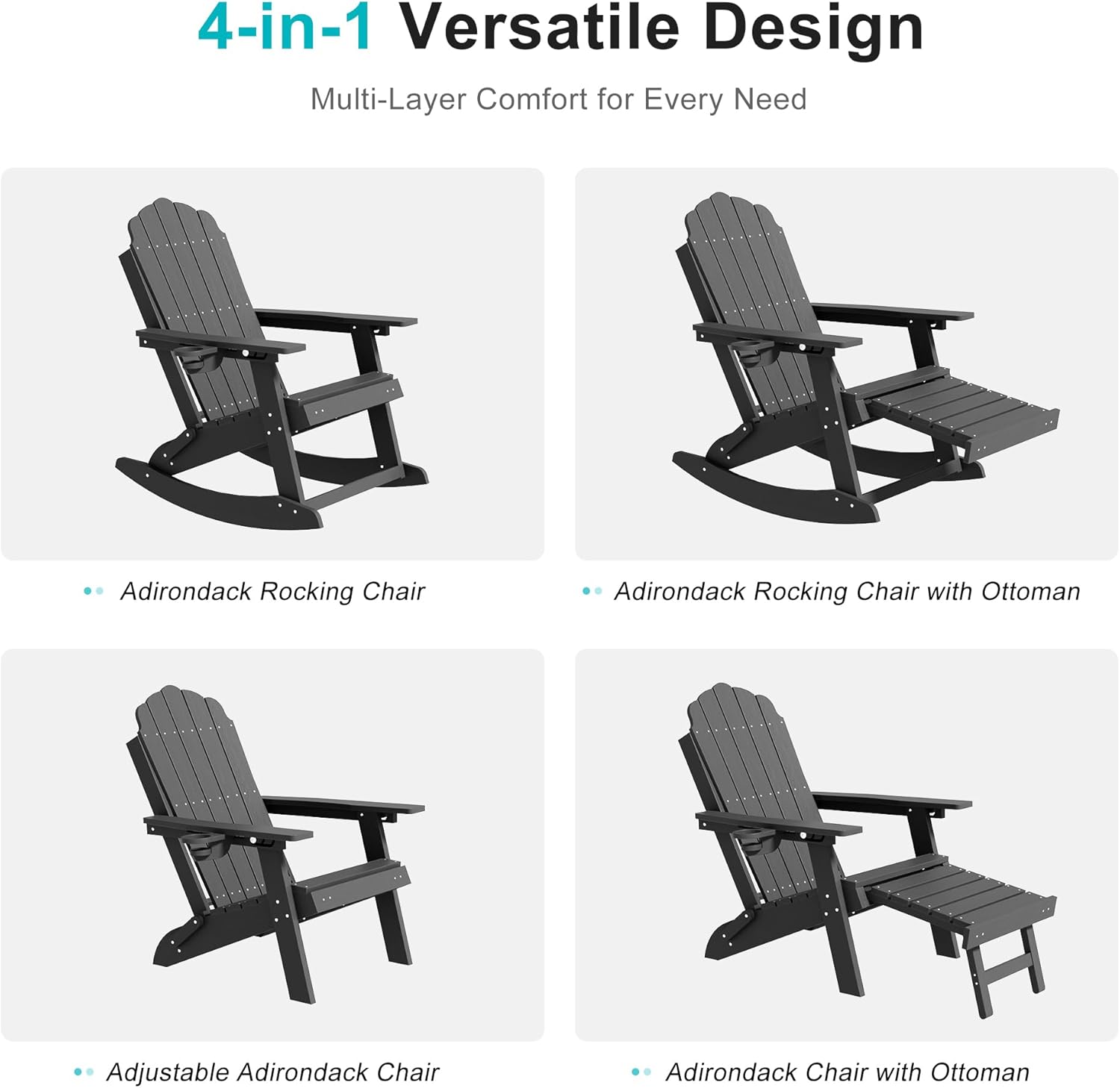 HDPE Outdoor Rocking Chair, 4-in-1 Folding Adirondack Chair with Retractable Ottoman, Patio Rocker with 3-Position Adjustable Backrest & Cup Holder for Porch, Backyard, Pool, Grey