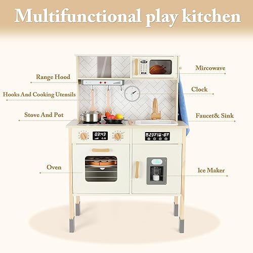 Miniatura 2 de Freniland Juego de cocina de madera para niños con estufa realista, campana extractora, horno, máquina de hielo, microondas, fregadero, con luz y