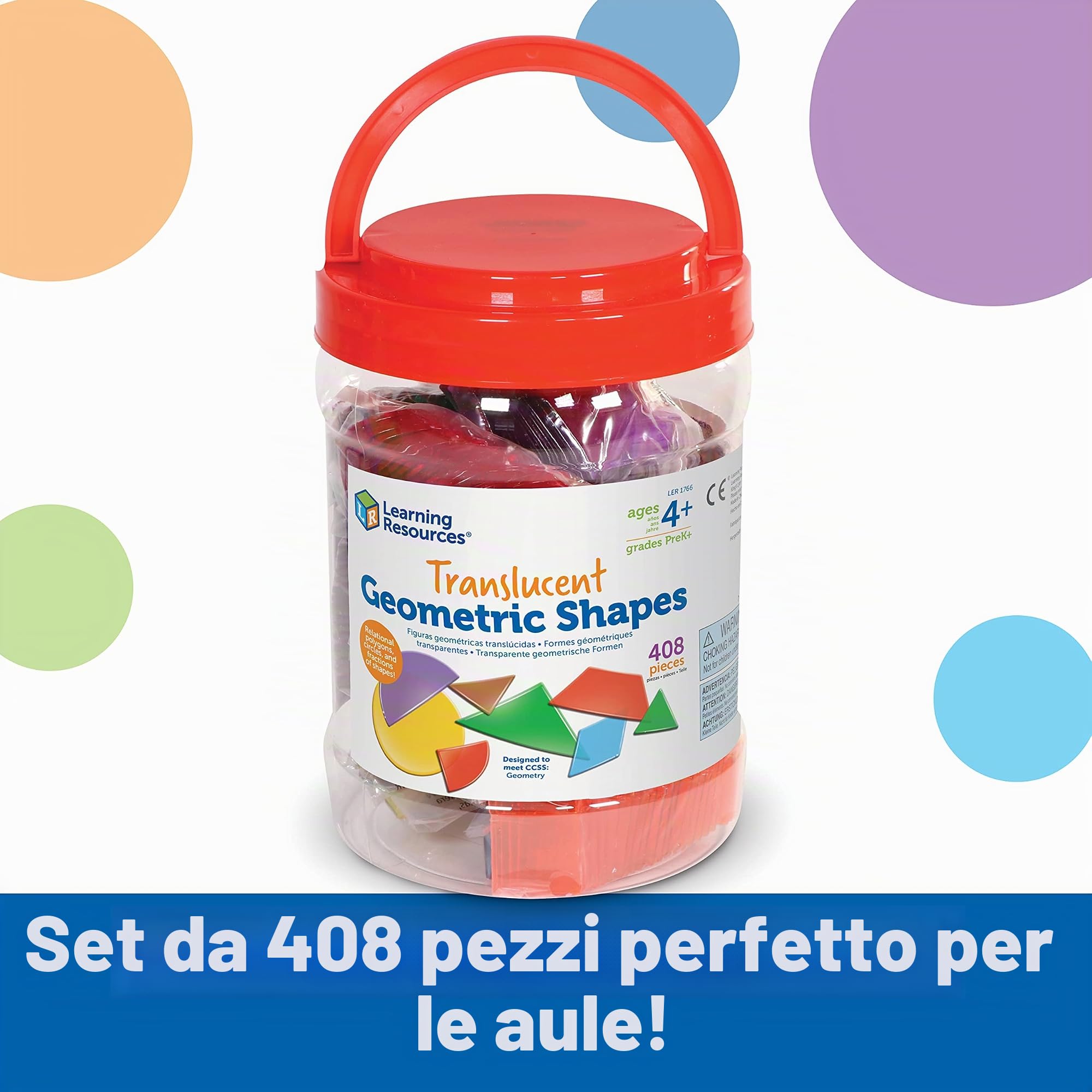 Learning Resources Secchiello Forme Geometriche Trasparenti – 14 Forme 2D Colorate per attività Didattiche, Giochi Educativi per Bambini 4+, Idea Regalo Natale STEM