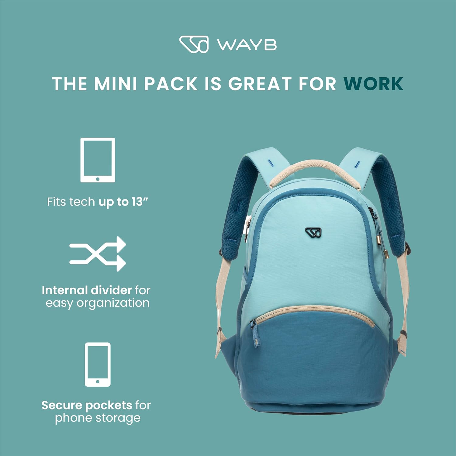 WAYB Mini Backpack | Fits 13" Tablet | Durable & Water-Resistant | Lightweight and Slim Day Pack | 15L Capacity