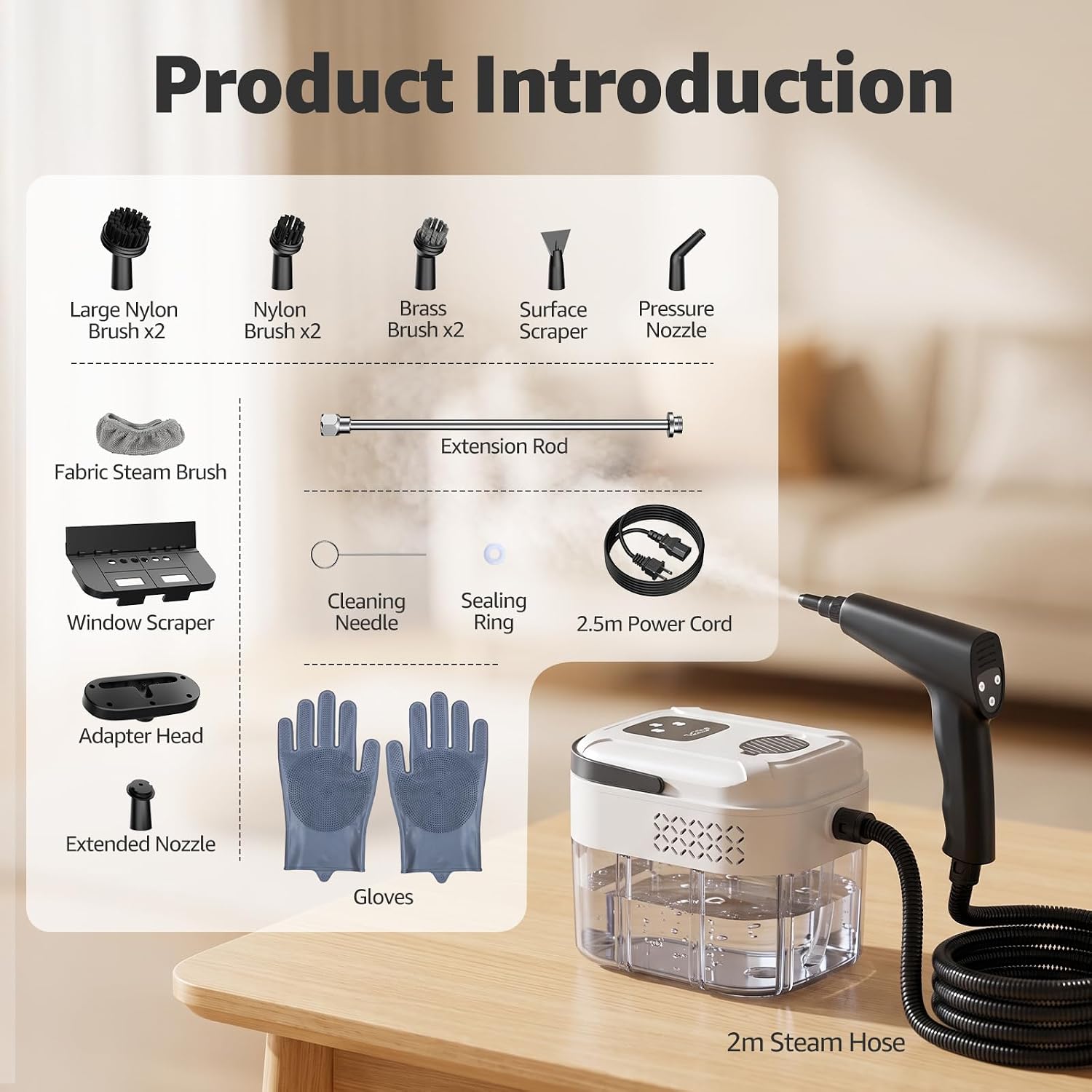 Handheld Steam Cleaner: 2500w High Pressure Steam Cleaner with 6 Adjustable Levels, 15s Heat-Up & 1.7L Large Tank, Portable Steam Cleaner for Home & Kitchen, Furniture, Car, Tile, Grout