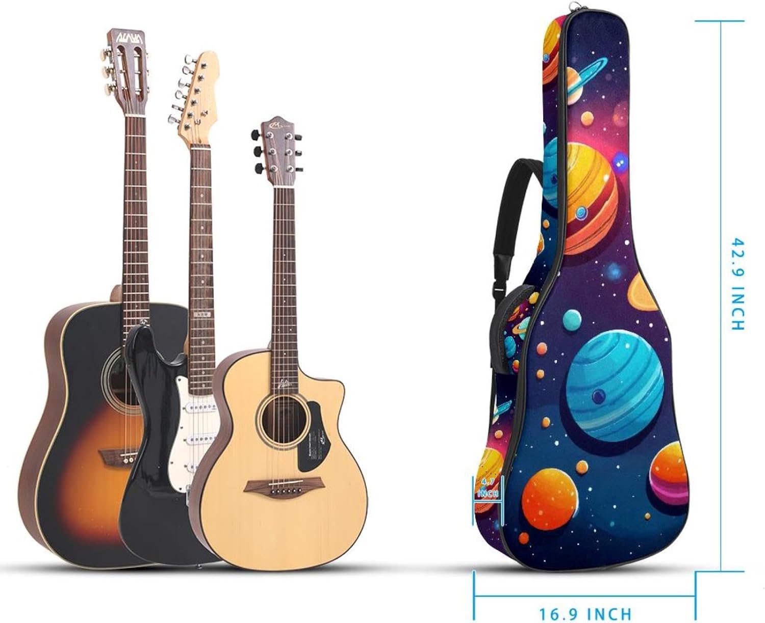 40 41 42 Inch Acoustic Guitar Bag, 0.4 In Thick Sponge Padded Guitar Case Gig Bag with Back Hanger Loop and 2 Pockets, Colorful Planets Solar System Space with Stars Pattern