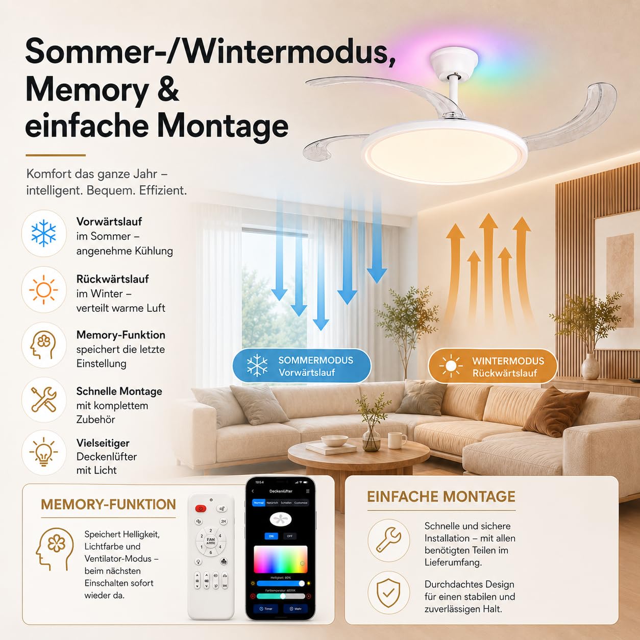 LED Deckenventilator mit Beleuchtung 50cm, Deckenlampe mit Ventilator RGB Hintergrundlicht, leiser Ventilator, APP & Fernbedienung, Sommer/Winter Modus für Schlafzimmer Wohnzimmer