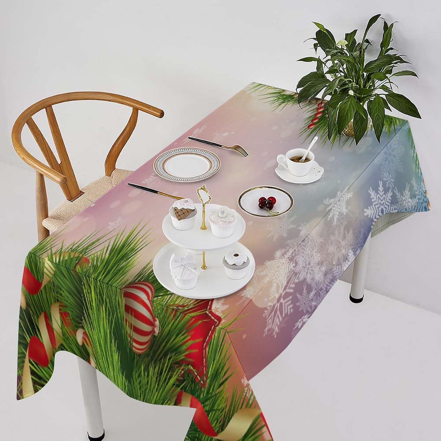 Christmas Colourful Balls Decoration Rectangle Tablecloth, Christmas Day Snowflake Party Restaurant Waterproof and Wrinkle Resistant Tablecloth, 60x90 Inches