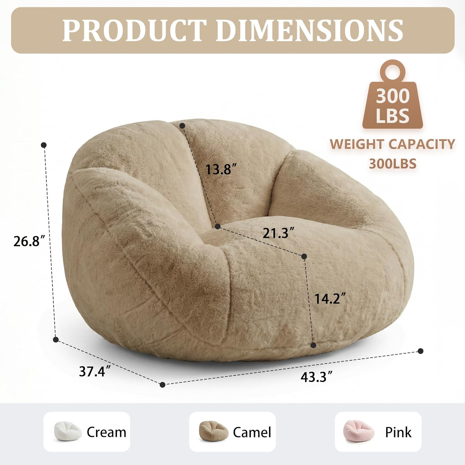 MOJAY Bean Bag Chair for Adults, Floral Shaped Bean Bags, Deep Sink-in Breathable Memory Foam Teen Bean Bag Chair, Easy to Clean Faux Fur Bean Bag Sofa, Comfy Chair for Living Room & Dorm (Camel)