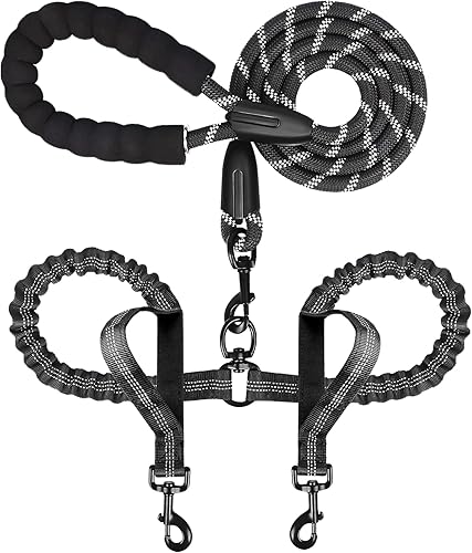 Correa doble para perro para dos perros, resistente ajustable sin enredos, correa elástica retráctil dividida múltiple para caminar a 2 perros, 5.5