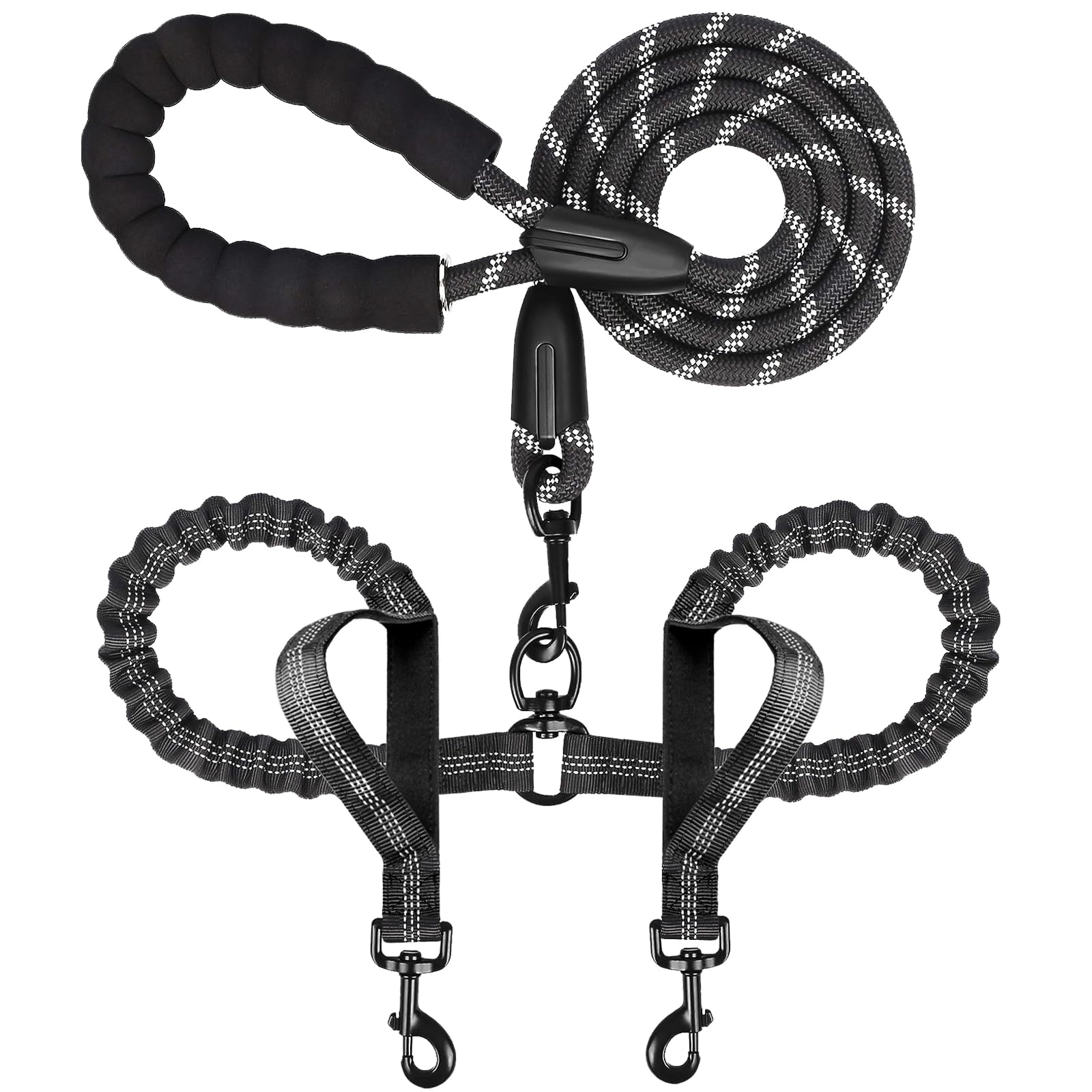 Double Dog Leash for Two Dogs, Heavy Duty Adjustable No Tangle, Bungee Retractable Split Multiple Leash for Walking 2 Dogs, 5.5FT-1/2”, Black