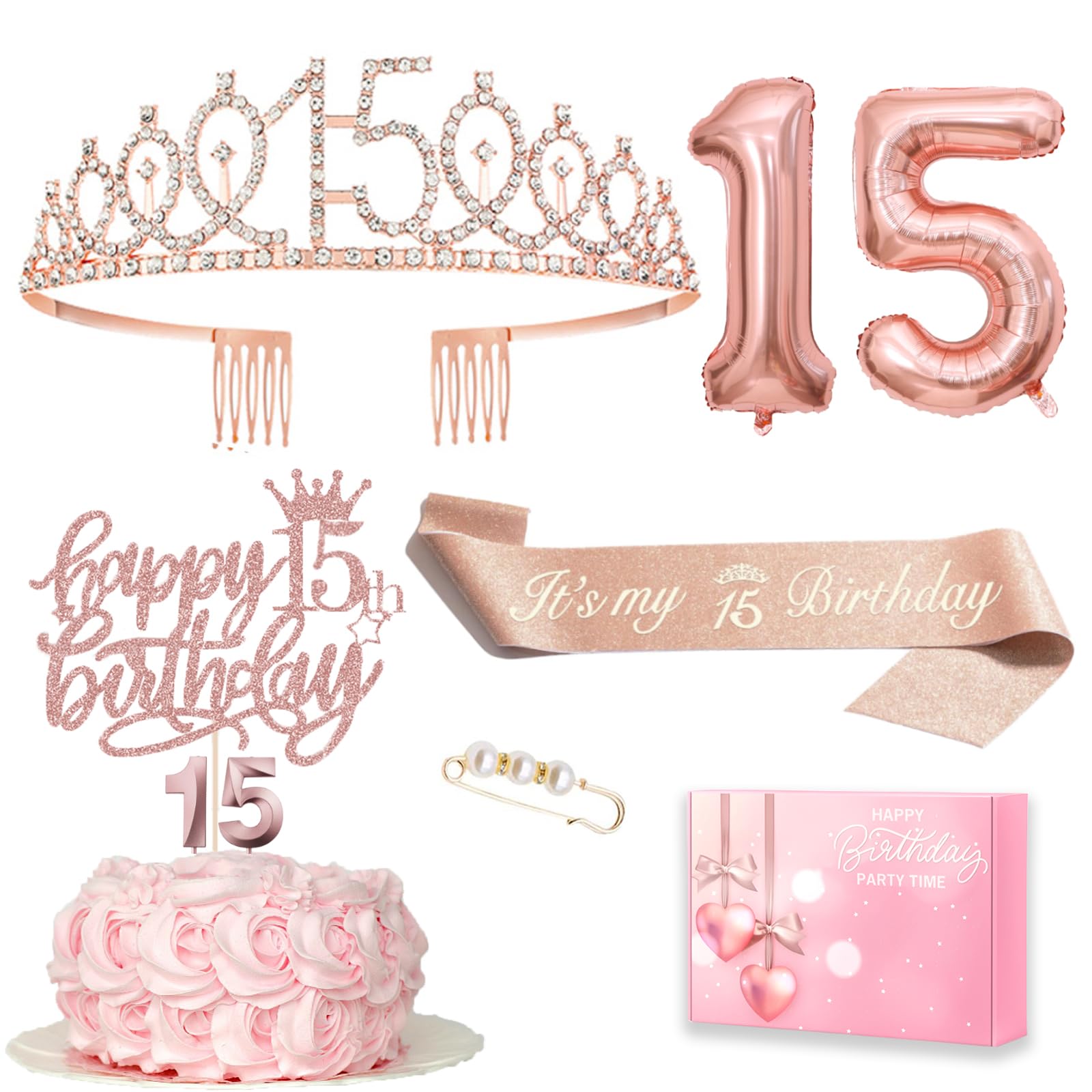 Dekoracja na 15 urodziny dziewczynki, korona i szarfa z okazji 15. urodzin, dekoracja tortu Happy Birthday i świeczki, balon foliowy w kolorze różowego złota 15, prezent urodzinowy dla dziewczynek 15