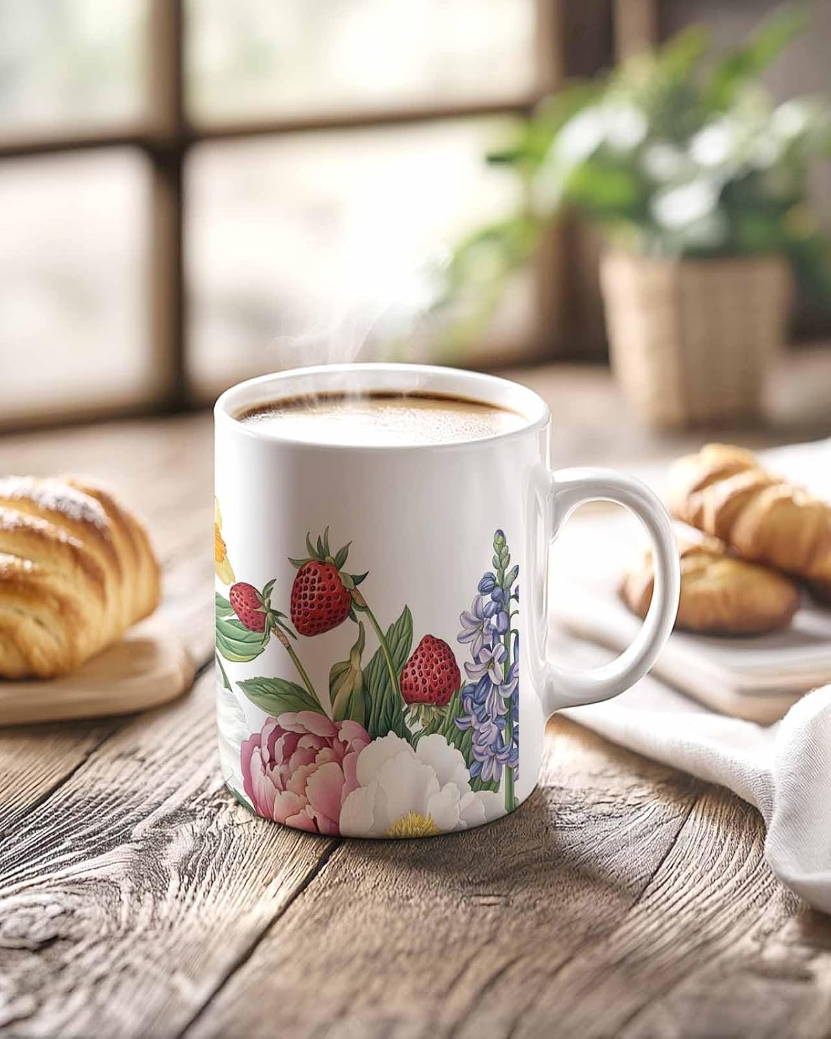 BEMIGO Ceramic Coffee Mug Spring Strawberry Ceramic Mug White Cup, Peony Flower Insulated Coffee Cup with Handle with Pattern Perfect for Tea and Hot Beverages, 12oz