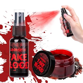 UNIMEIX 1 OZ Fake Blood Spray and 1 OZ Gel Fake Blood Makeup Kit Washable Sfx Makeup for Clothes Mouth Eyes,Stage Blood for Halloween Zombie Vampire Cosplay Party