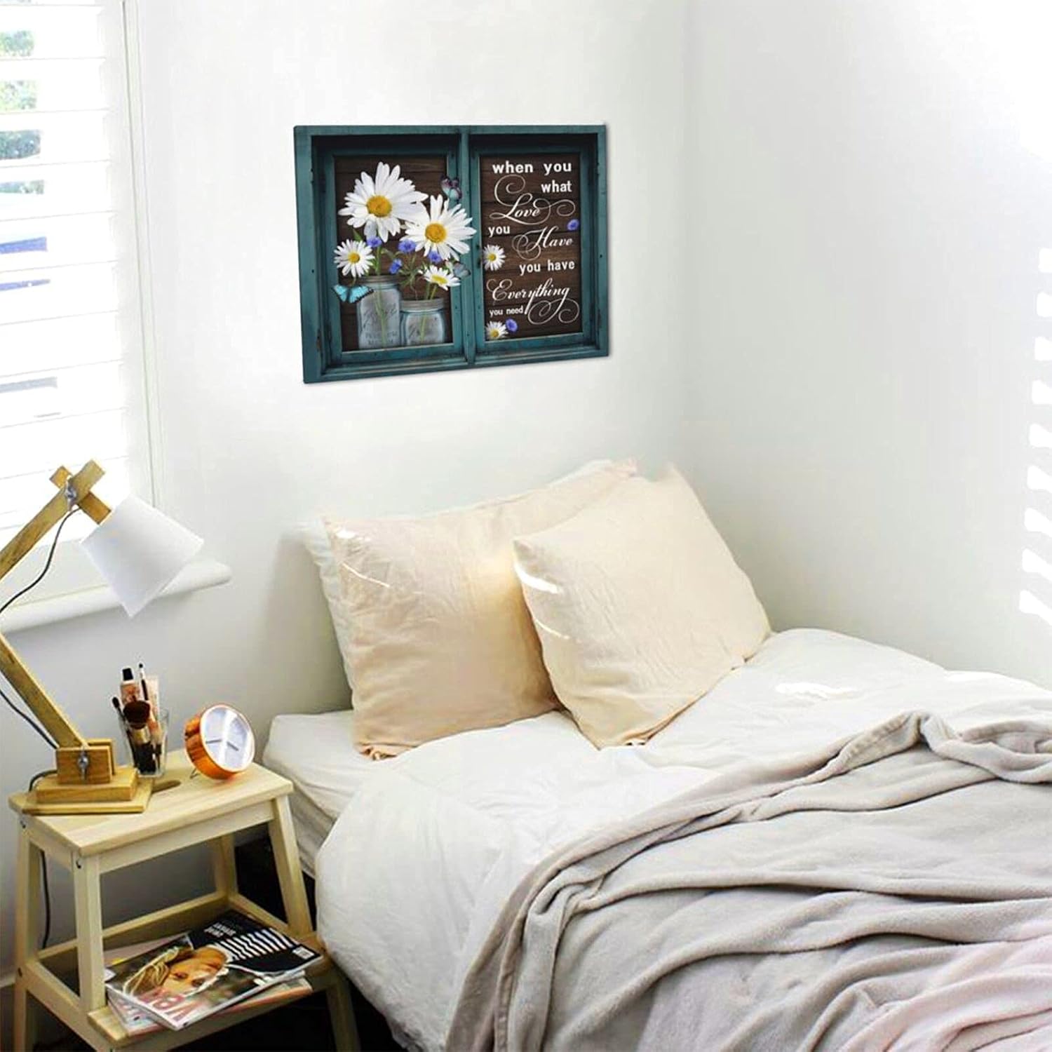 Rustic Flower Wall Art Daisy In The Window Inspirational Quotes Canvas Prints Farmhouse Floral Wall Decor Modern Artwork Framed Home Decoration For Living Room Bedroom Bathroom 12x16inch