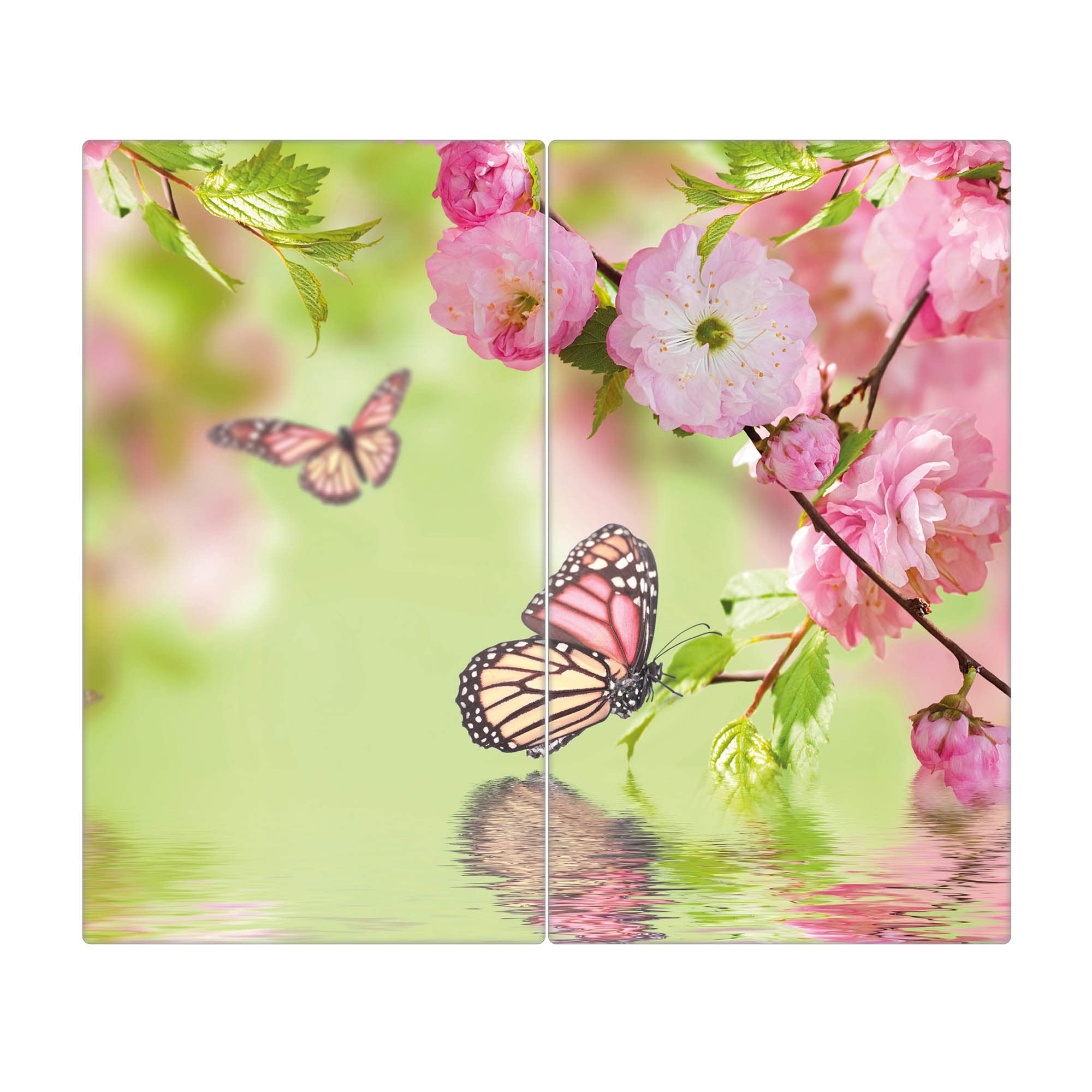 banjado Ceranfeld Abdeckung Glas 2-teilig 60x52 cm, Herdabdeckplatten und Schneidebrett Küche aus gehärtetem Glas, dekorativer Küchen Spritzschutz Blumen & Pflanzen mit Motiv Japanische Kirschblüte