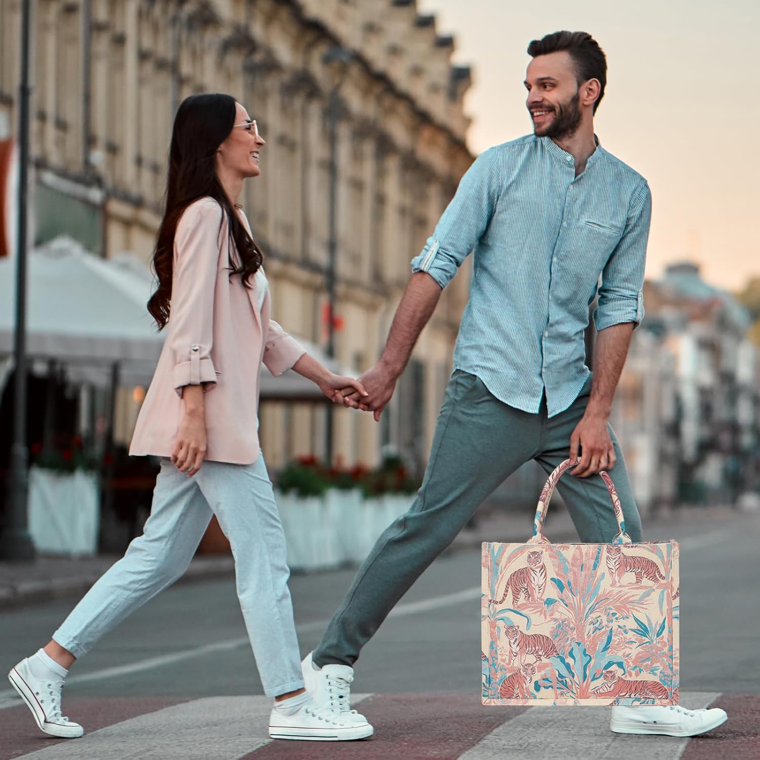 Floral Printed Tote Bag Large Capacity - Canvas Linen Blend Handbag, Shoulder Bag for Women Shopping Work Travel Bag - Image 5