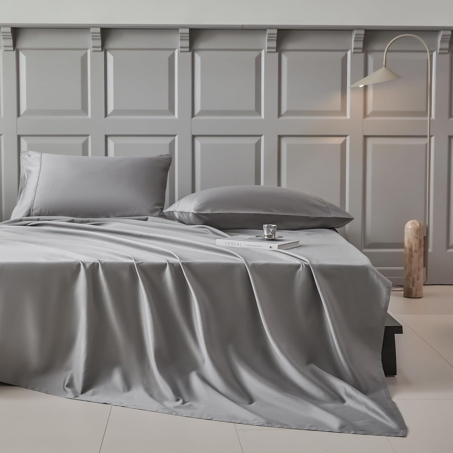 Simple&Opulence 100% Supima Cotton 600 Thread Count Twin XL Sheets -3 Pc Long Staple Pure Soft Sateen Weave Set-16” Deep Pocket Cooling Luxury Silky Bed Sheet with Trim Insert(Grey, Twin XL)