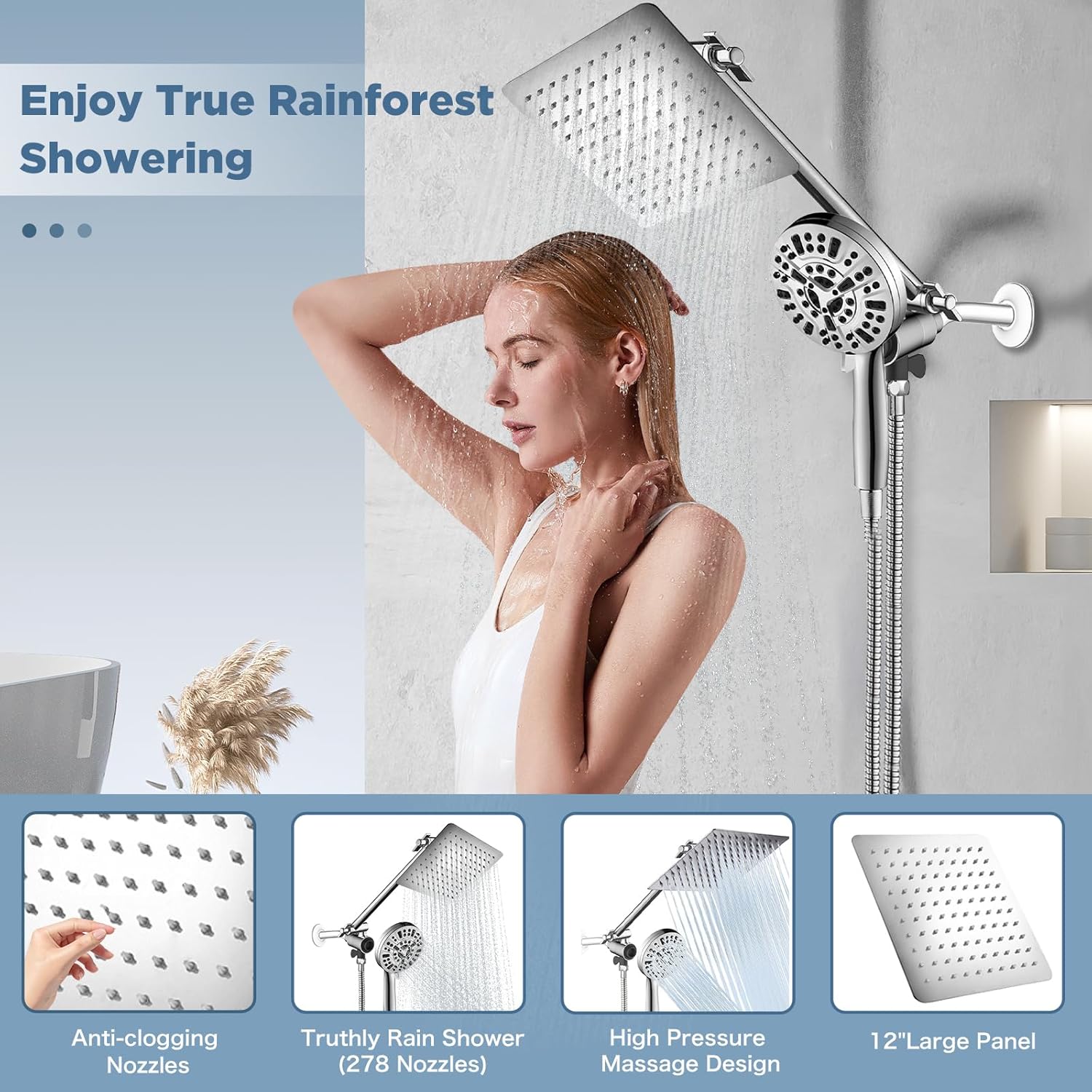 High Pressure Rain Shower Head with Handheld Spray Combo Set, Adjustable 10" Rainfall Dual Shower Head, Removable shower head with built-in magnetic docking and powerful nozzle
