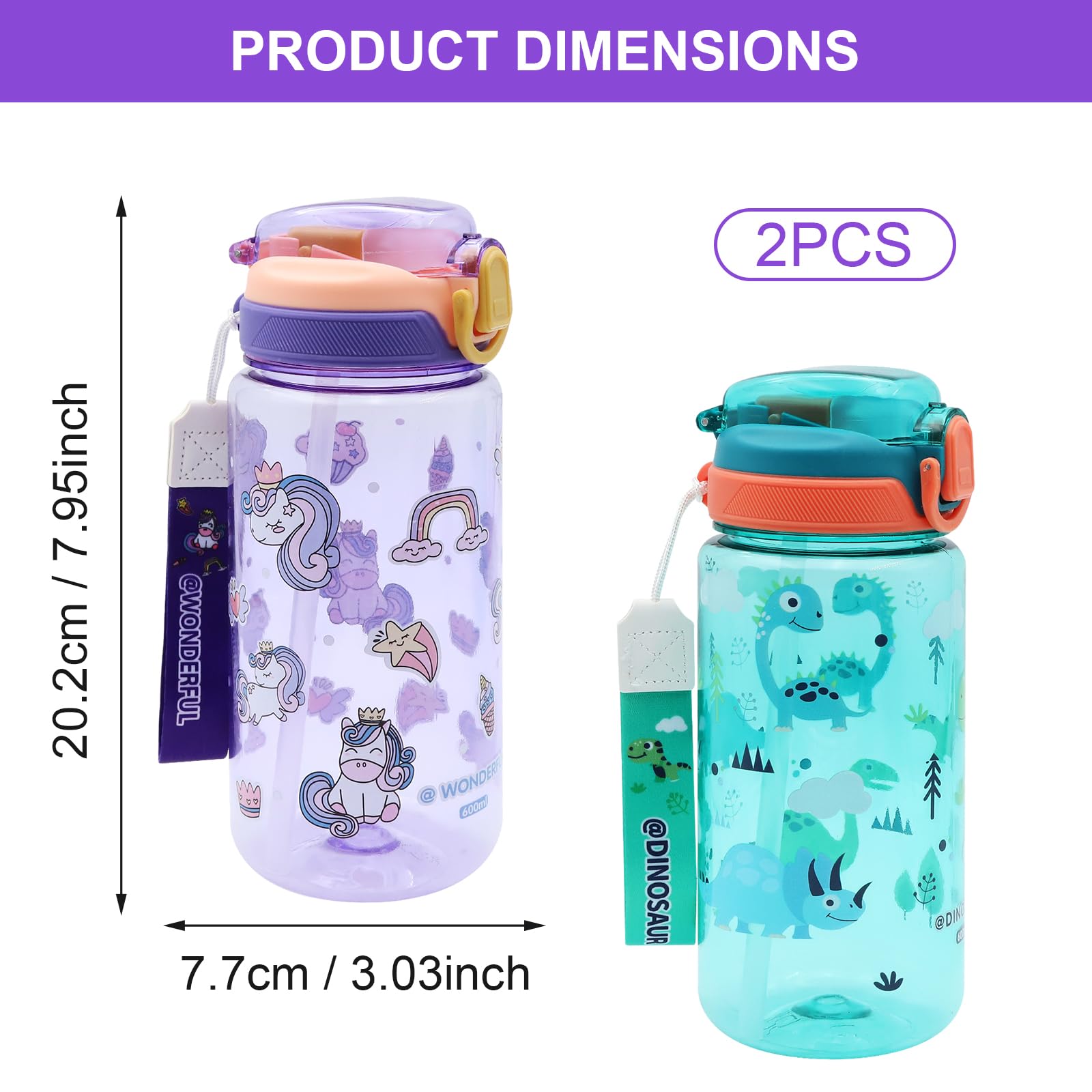 Lot De 2 Gourdes Enfants 600 Ml Anti-fuite - Sans BPA, Avec Paille Et Brosse - Design Dinosaure Et Licorne - Pour école Et Sport - Vert Et Violet