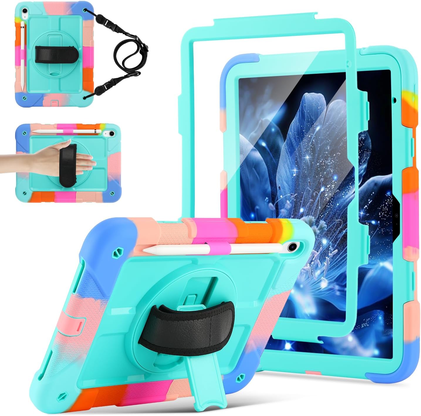 for iPad (A16) 11th Generation case11''(2025)/10th Generation case 10.9'' (2022),360°Rotatable Stand with [Screen Protector&Pencil Holder&Shoulder Strap] Shockproof Case (Colorful Mint Green)