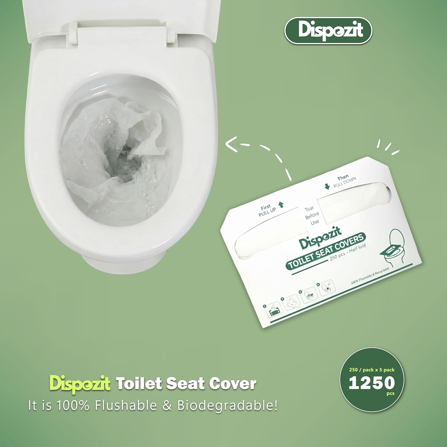 1250 Pcs Disposable Flushable Toilet Seat Covers (5 Packs of 250 Pcs) | 100% Biodegradable Commercial Toilet Seat Covers | Half-Fold Wall Dispenser Compatible | DISPOZIT Safe Liners