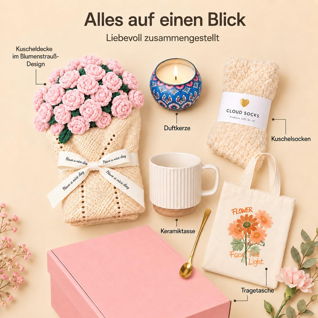 Regalo per donne, set regalo per la cura personale con bouquet di fiori e