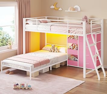 DICTAC Low Bunk Bed for Kids with 4 Storage Drawers, 3 Boxes & LED Lights, Metal Bunk Bed Twin Over Twin with 13.4H Safety Guardrail & Inclined Ladder, 3-in-1 Modular Bunk Bed, Space Saving, White