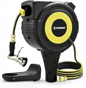 PURUS Retractable Garden Hose Reel, 1/2" x 65FT, UV Resistant, Ground & Wall Mount, Zinc Alloy Spray Gun, Heavy-Duty Metal Fittings