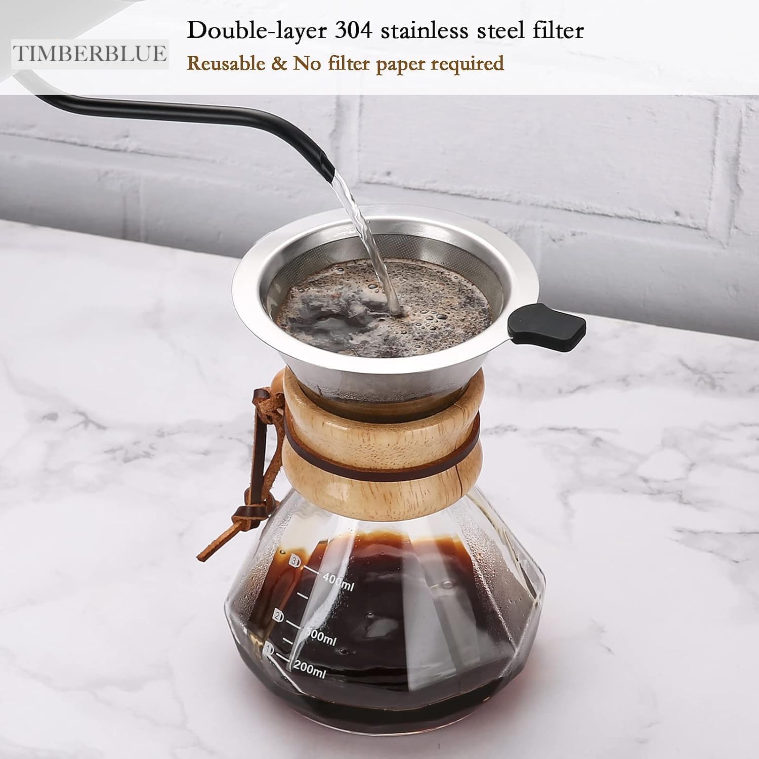 Pour Over Coffee Maker, with Reusable Stainless Steel Filter, Borosilicate Glass Coffee Jug, Wood Collar, Coffee Infuser Holds 2 Cups, 13.5oz/400ml, Clear