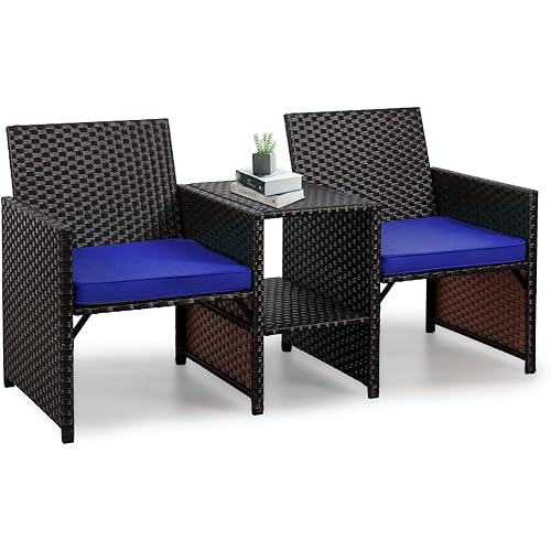 JAMFLY Outdoor Loveseat, Patio Furniture Set with Built-in Coffee Table, Patio Loveseat with Cushion, All-Weather Wicker Conversation Set Rattan Sofa for Garden Lawn Backyard