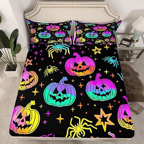 Miniatura 2 de Juego de sábanas iridiscentes con luces de calabaza arco iris, arañas de Halloween, con purpurina y estrellas, galaxia, sábana bajera completa,