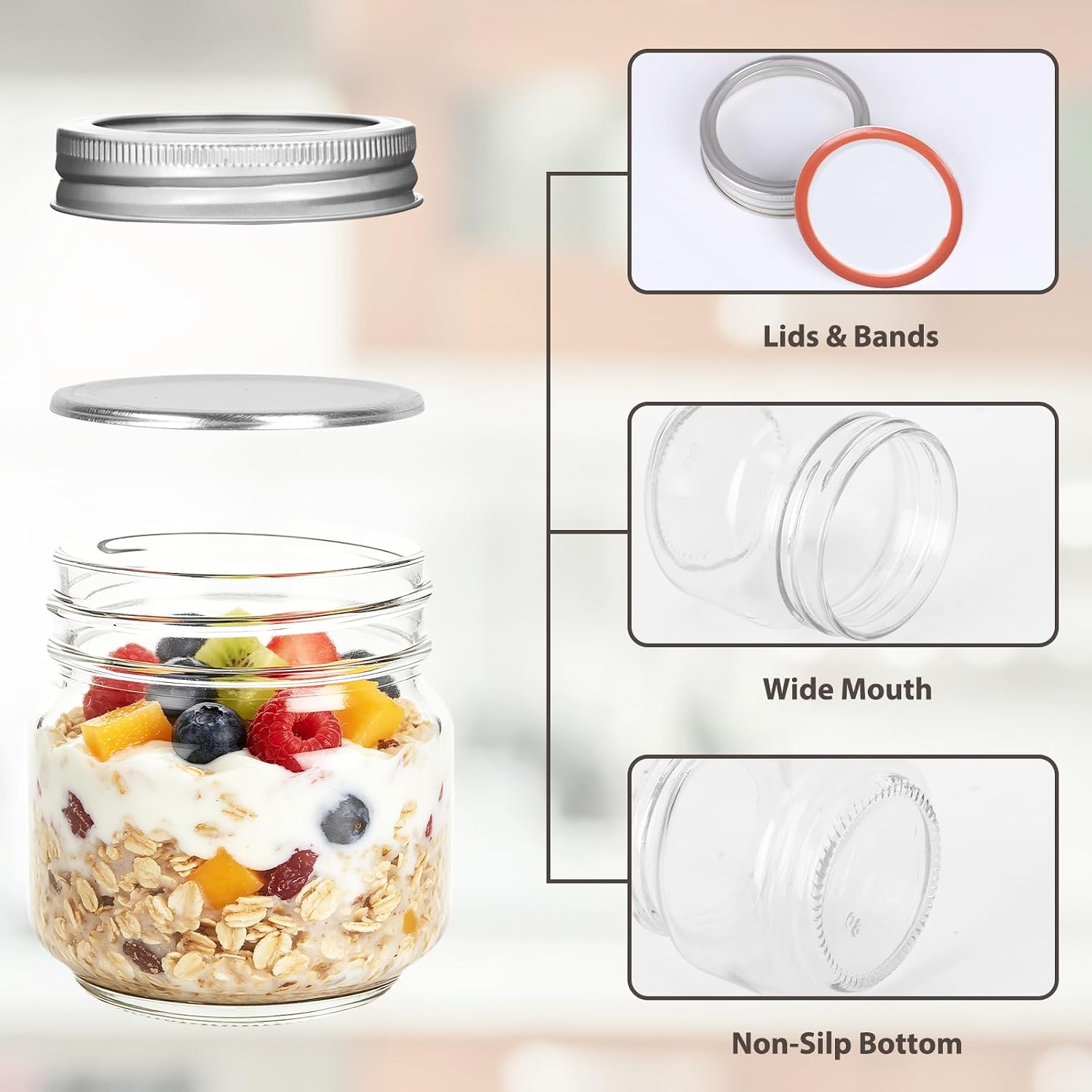 8 oz Mason Jars 6-Pack with Silver Lids, Airtight Glass Canning Jars