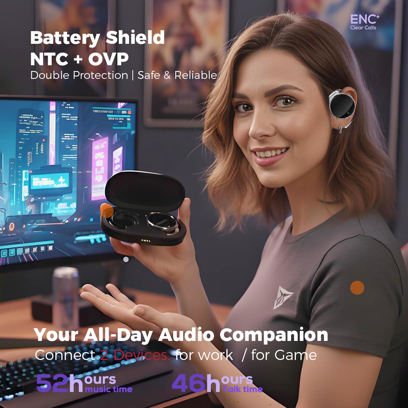 Micool Cuffie on-ear Bluetooth 5.4, cuffie aperte senza fili, cancellazione del rumore, a forma di goccia d'acqua, clip on sport, cuffie Bluetooth con 4 microfoni, comode da indossare, auricolari con