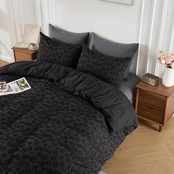 Tufted Black Leopard Duvet Cover Queen Size,2 Pillow Shams, No Comforter | Button Closure,4 Corner Ties, All Seasons, Lightweight, Extra Soft, Leopard Print Textured, Queen Duvet Cover Set 90x90 in