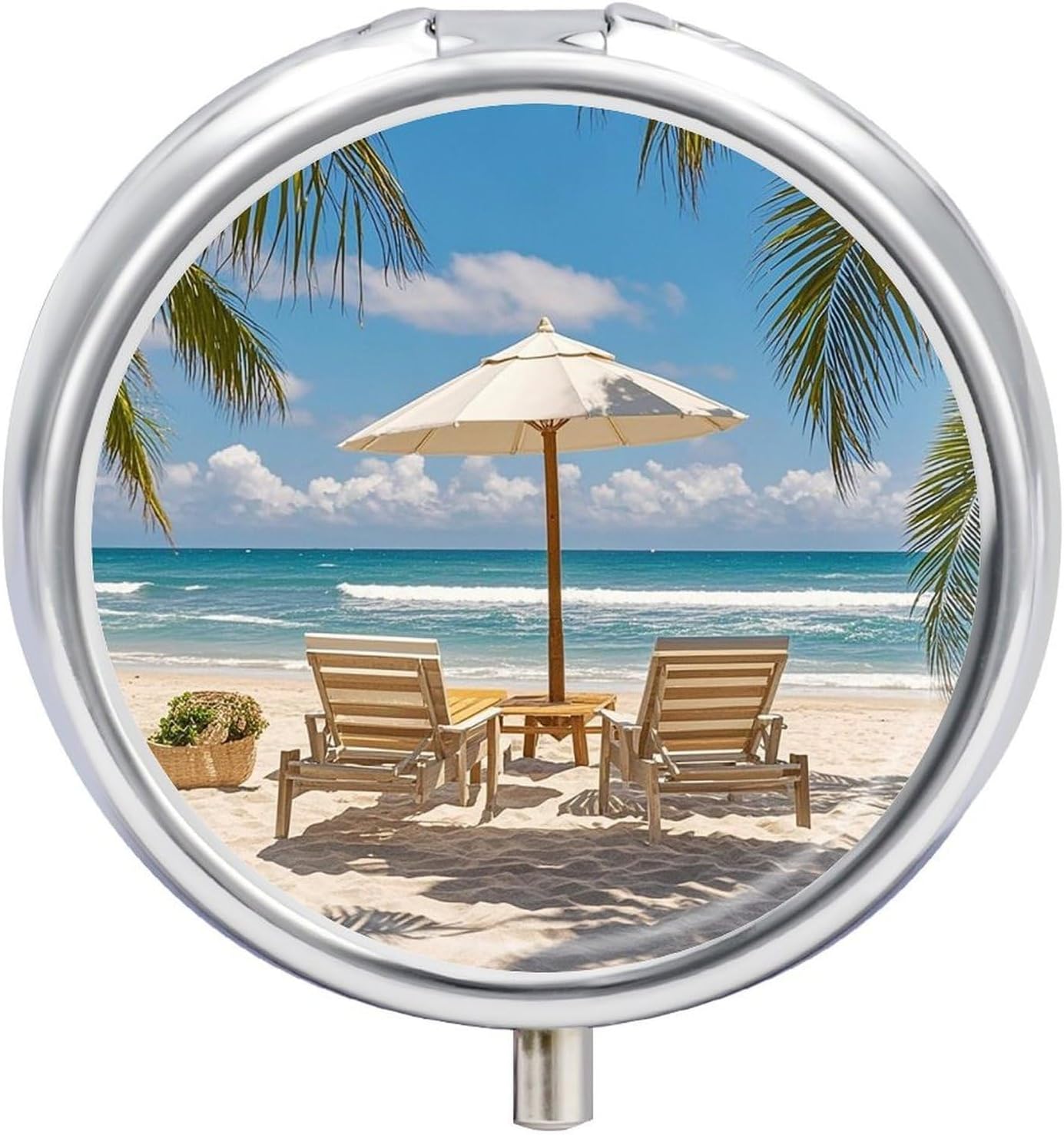 Ocean Beach Theme Round Pill Box, Waterproof Medicine Organizer Box