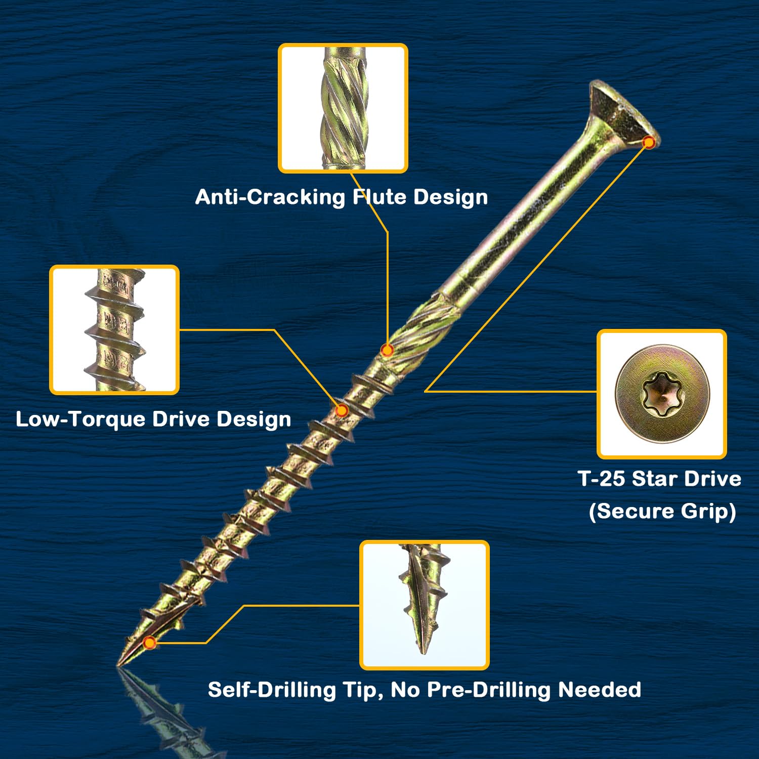 #10x3 Deck Screws, Yellow Zinc Plated Wood Screws, T-25 Star Drive, 5lb Box, for Outdoor Decks, Fencing & Wood Projects