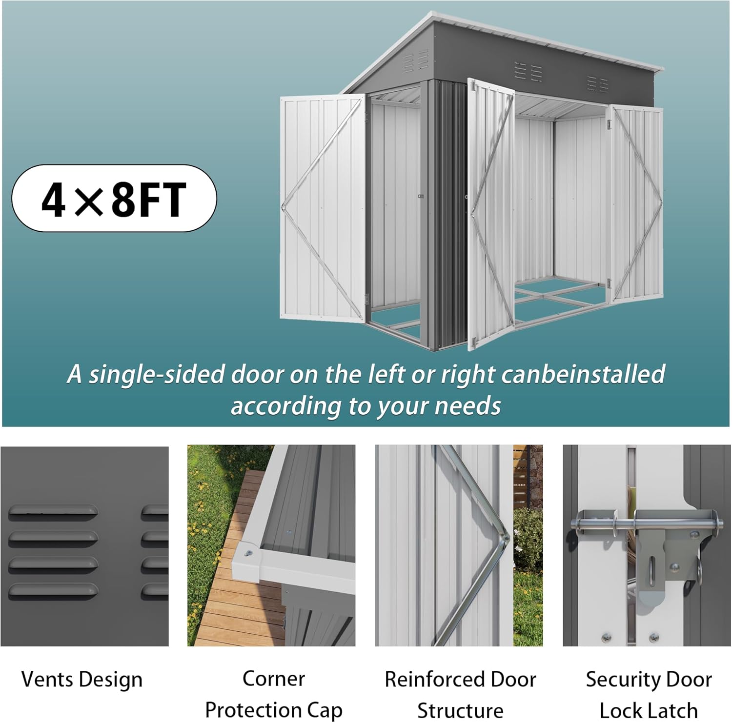 8x4 FT Outdoor Storage Shed with Base Frame, Galvanized Steel Garden Shed with Dual Lockable Doors, Air Vent & Sloped Roof for Bikes & Backyard Use