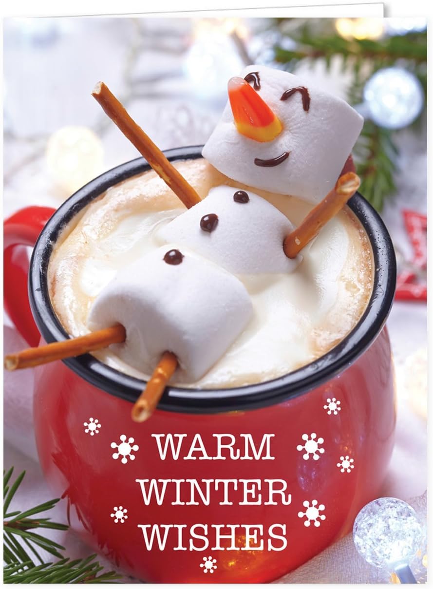 Canopy Street Cocoa Snowman Holiday Card Pack / 25 Winter Wishes Cards Set/Hot Chocolate Marshmallows Greeting With Inside Verse / 4 5/8" x 6 1/4" Cozy Christmas Cards With White Envelopes