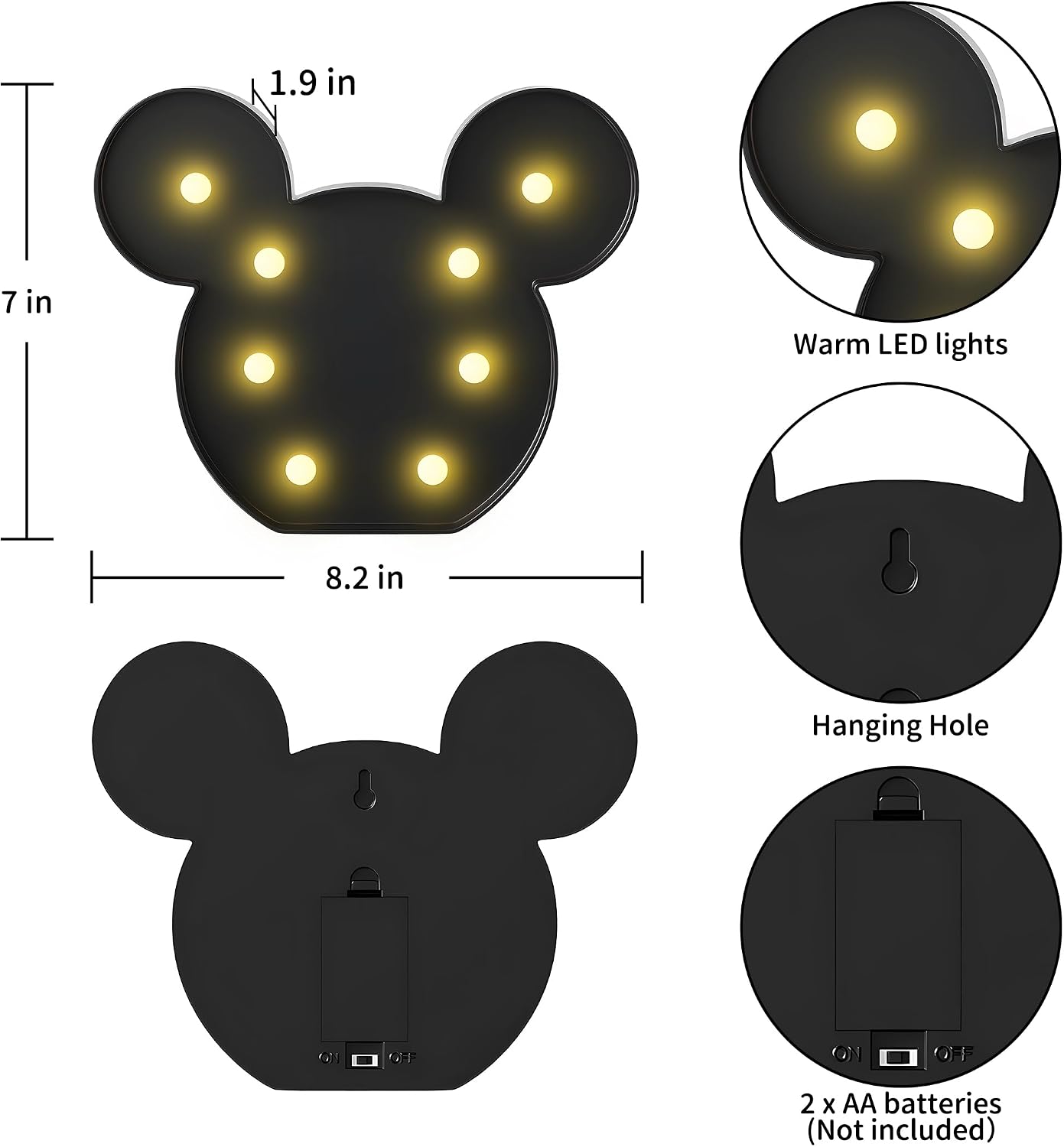 YiaMia Black Mouse Night Light for Kids, Battery Powered Mouse Decor, Mouse Birthday Decorations for Bedroom, Kids Room Decor, Wall Decor for Bedroom