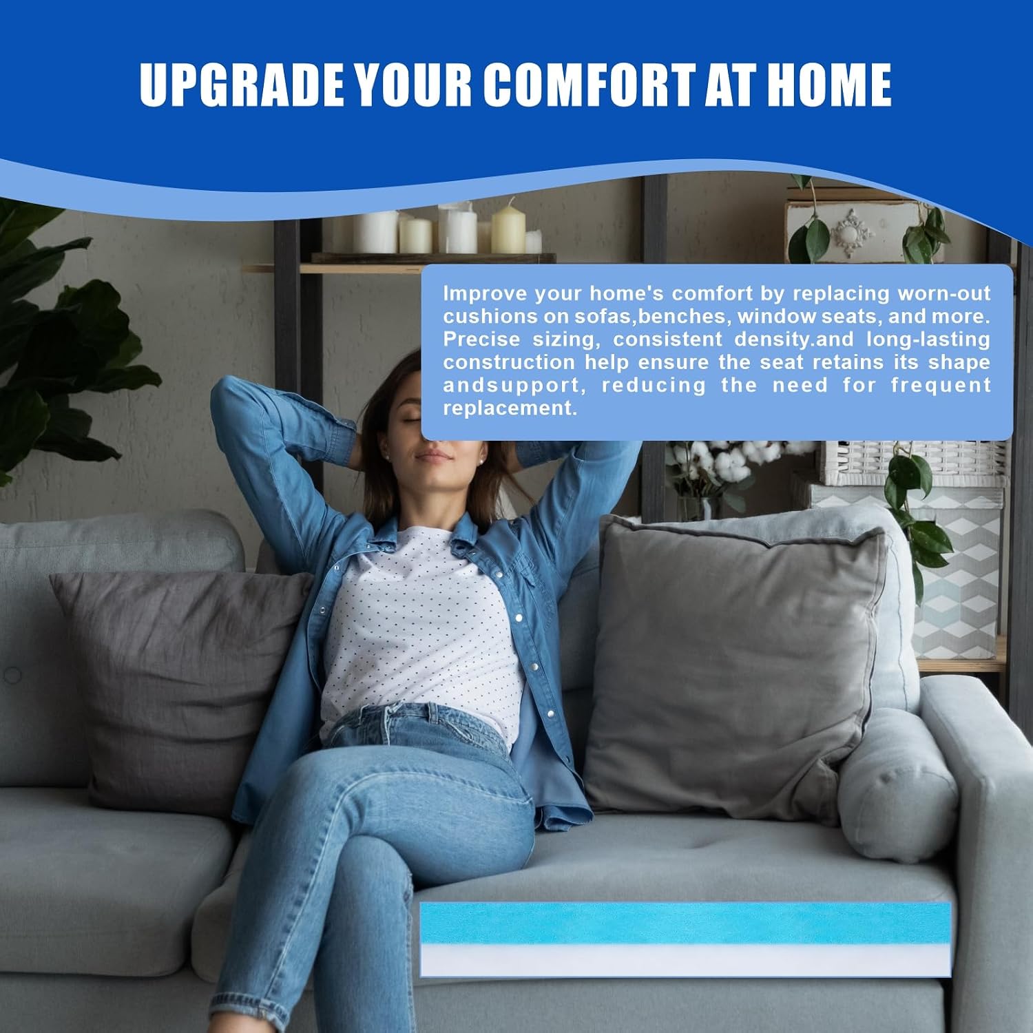EXJEXJ Upholstery Foam, 72" x 24" x 2" High Density Gel Memory Foam Padding Couch Cushion Support, Cut to Size Foam Replacement Pad for Sofa Sag Support