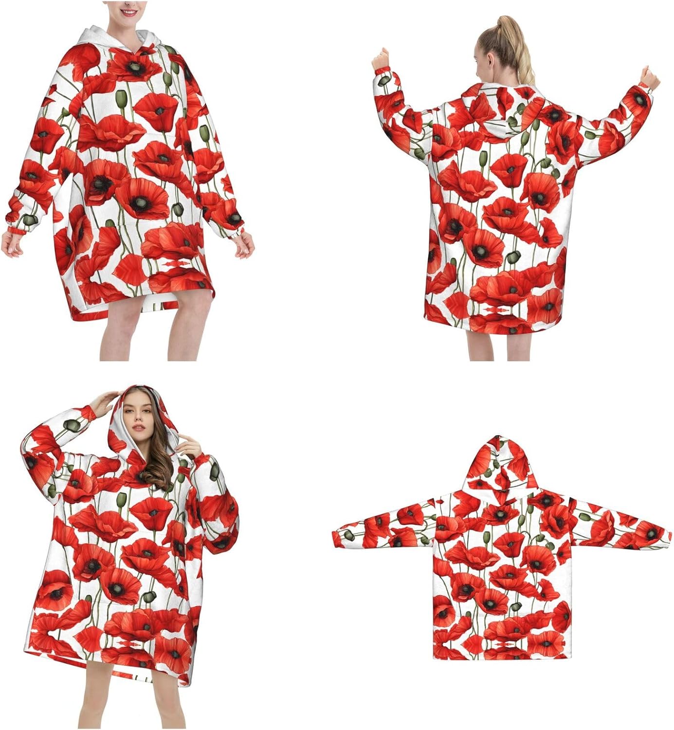 Red Poppy Flower Print Blanket Hoodie Fleece Sweatshirt Blanket With Sleeves And Pockets