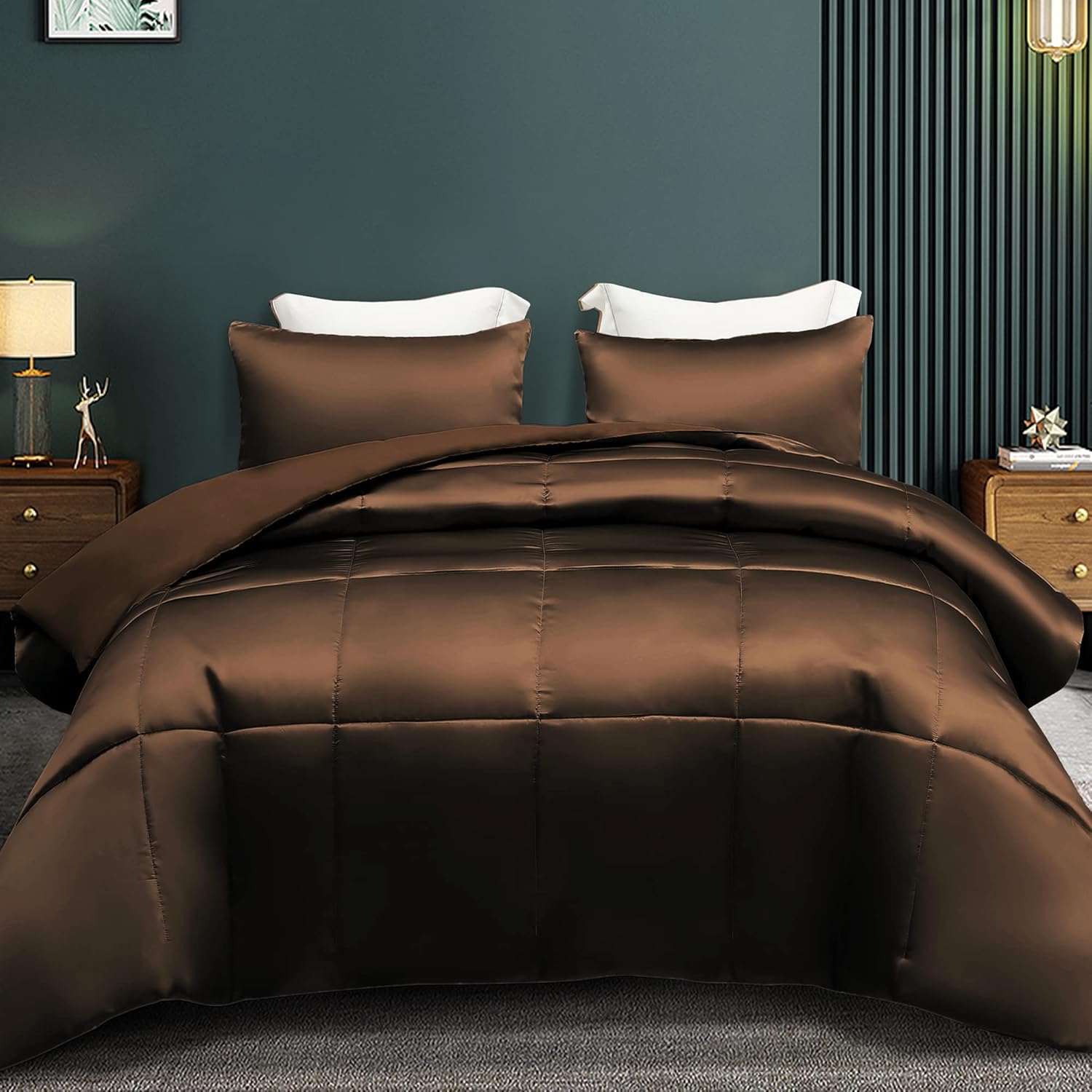 Whale Flotilla 3-Piece Reversible Silky Soft Queen Comforter Bedding Set, Luxurious Satin Comforters Full Size with 2 Satin Pillowcases, Lightweight Duvet for All Seasons, Brown