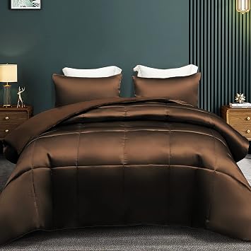 1 Piece Reversible Satin Oversized King Plus Comforter Set Soft Satin Brown Comforter Oversized King Plus-128"x120" Lightweight All Seasons