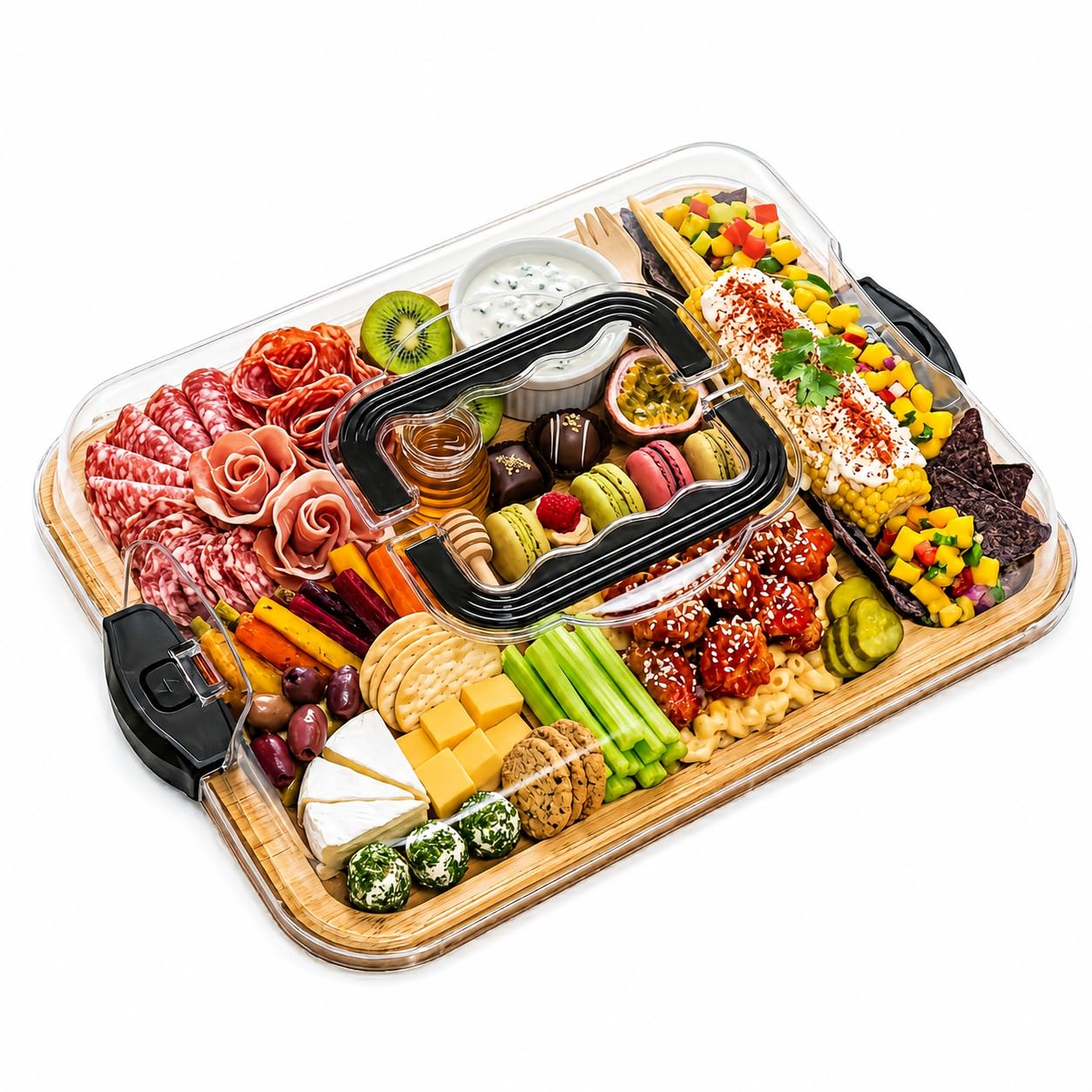 Servierplatte mit Deckel aus Bambus | Charcuterie Board – Käseplatte mit 6 Fächern & Tragegriff, Holzbrett für die Küche, tragbare Snackplatte als Einweihungsgeschenk für Frauen und neues Zuhause