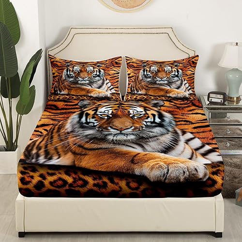 Miniatura 5 de Manfei Juego de sábanas bajeras con estampado 3D de tigre, tamaño individual, animales salvajes, 2 piezas para decoración de habitación de niños,