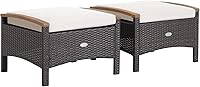 Tangkula 2-Piece Patio Rattan Ottomans with Cushions - 3-in-1 Footstool Seat Side Table, Acacia Wood Handles, Outdoor Wicker for Backyard Poolside (Off White)