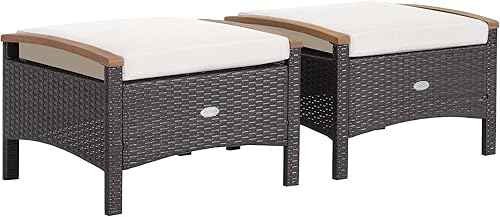 Tangkula 2 piezas otomanas de ratán para patio reposapiés de mimbre para exteriores con asas de madera de acacia cojines suaves con cremallera