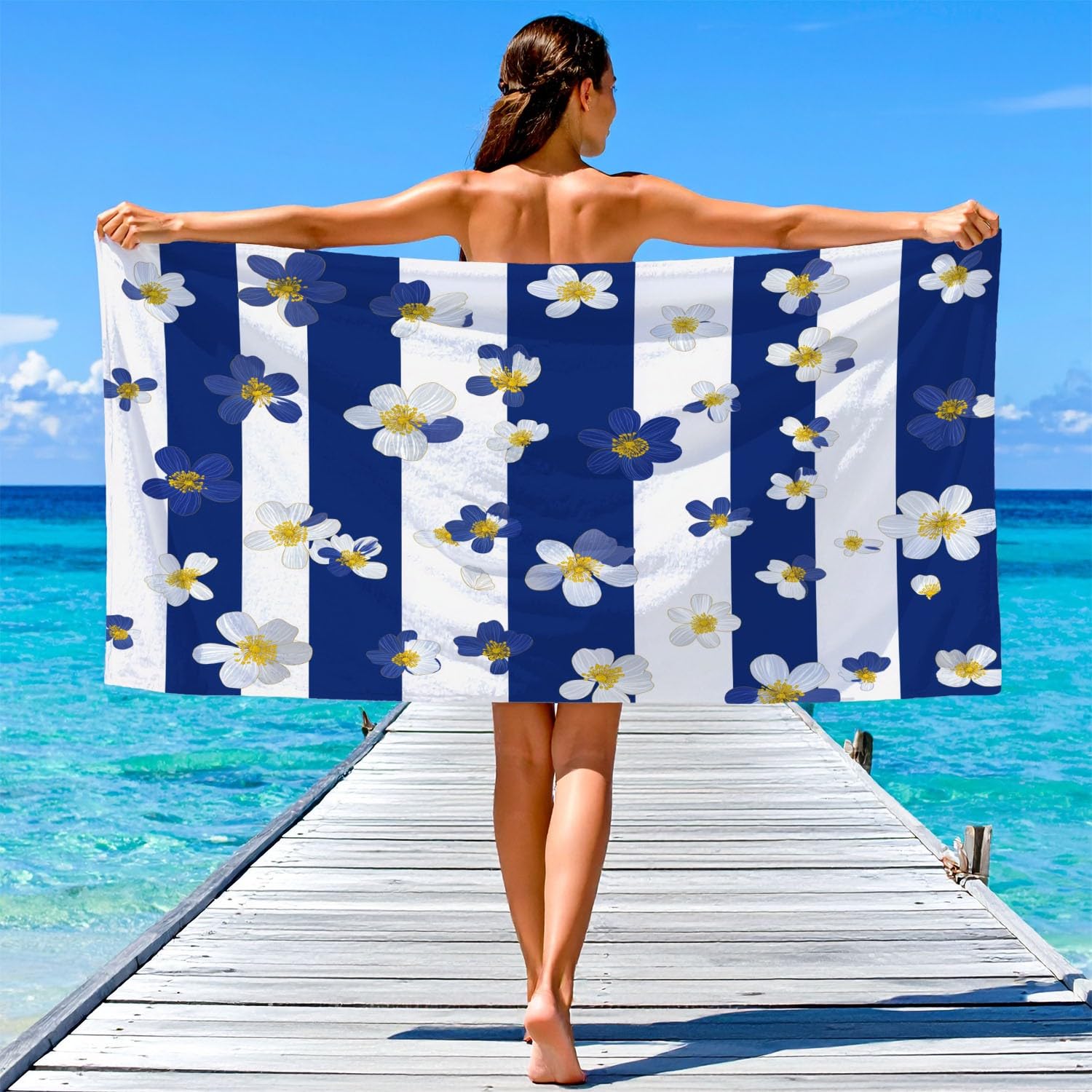 Générique Serviette de Plage Microfibre 230 x 210 CM,Drap de Plage Français, Nautique, Élégant, Couverture de Plage Absorbante,Couverture de Bain Rayures, Fleurs