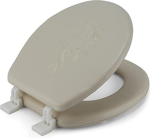 J&V Textiles Asiento de inodoro redondo suave bordado con bisagra fácil de limpiar y cambiar, acolchado (beige)