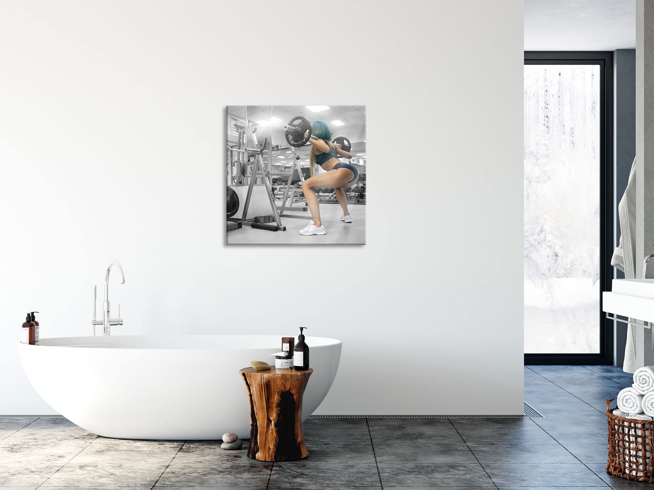 Pixxprint Tableau en verre - Décoration murale sur verre véritable - Femme sportive avec barre d'haltère - 50 x 50 cm - Avec suspension et entretoises