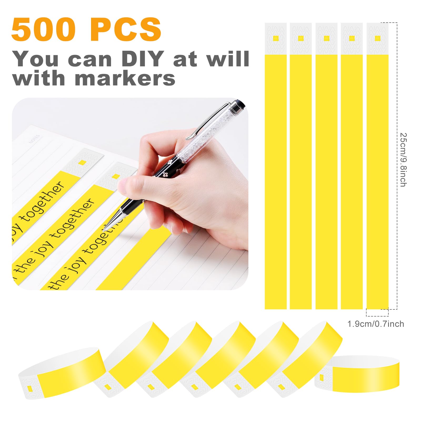 500 Piezas Pulseras para Eventos Festivales de Música, Concursos y Conciertos, Amarillo (25x1,9cm)