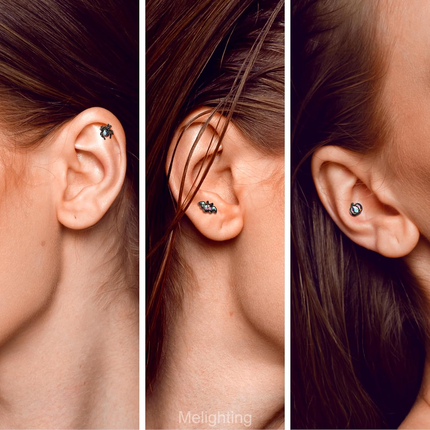 MeIighting 3PCS Black Helix Earrings 16G 8mm Bat Cartilage Earrings Internally Threaded Stainless Steel 316L Halloween Pumpkin Tragus Piercing Spider Flat Back Earring For Women