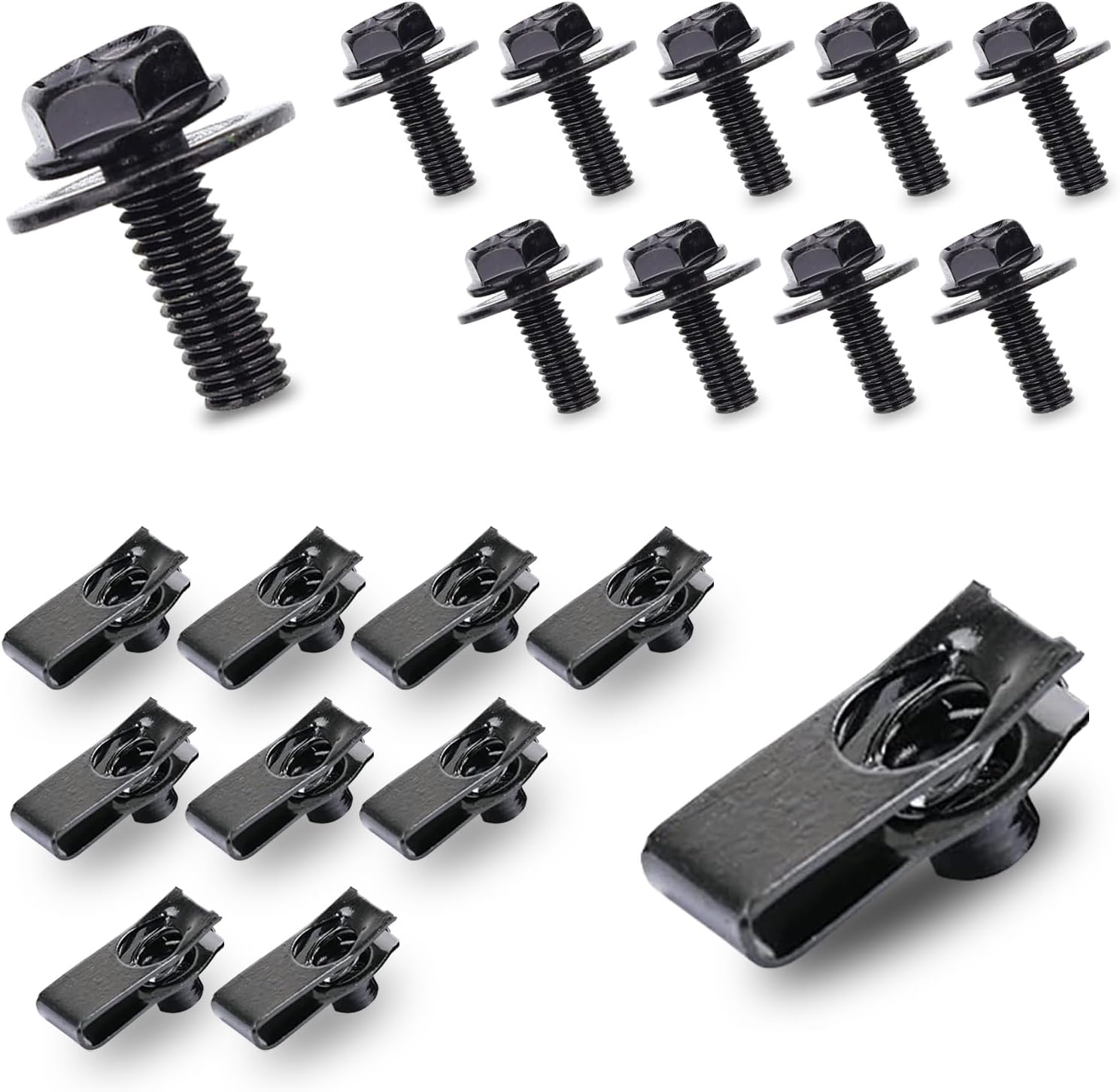 Pack-20 Car Hood Fastening Bolts, Bumper Fender Lining Push-Pull Metal U-Shaped Plus Retainers, Door Trim Side Skirts Grille Splash Guard Retainers, Universal for Car Fastening Set (Black)